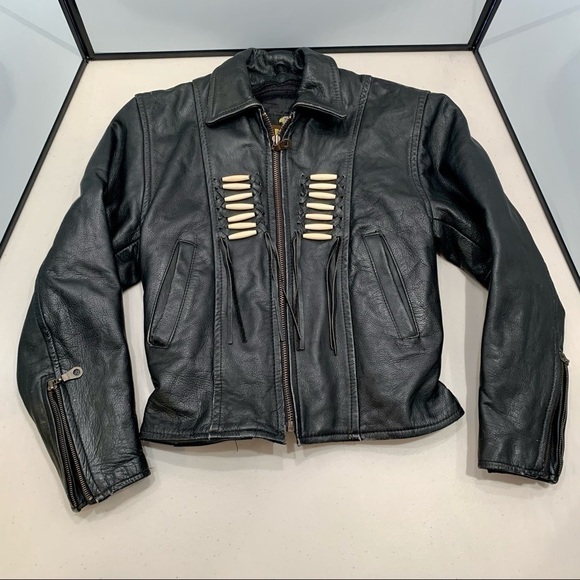 Force Leather Jacket Adult Size 6 Motorcycle Beaded Fringe Leather Vintage Women - Picture 3 of 10